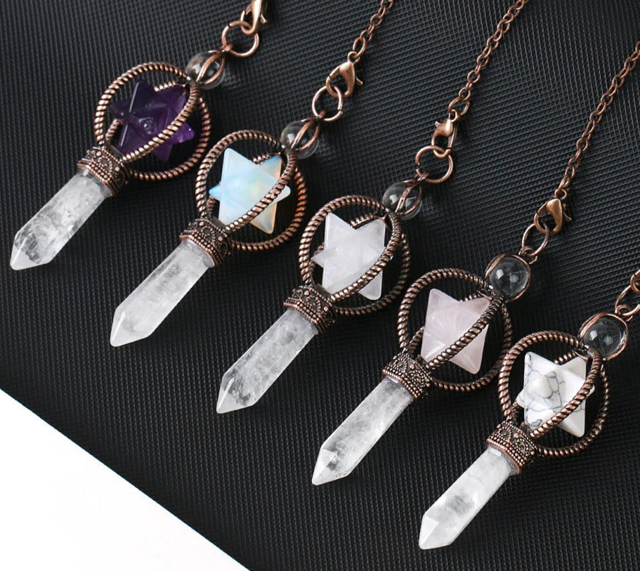 CSJA Esotericism Crystal Pendulums for Dowsing Divination Pendulum Merkaba Natural Stone Pendant Clear Quartz Red Bronze G930